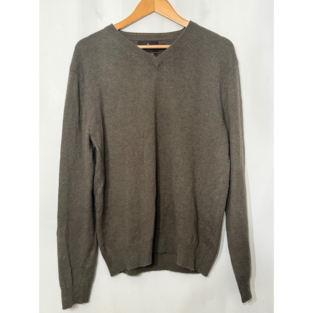 Black Brown 1826 Mens 100% Cashmere V-Neck Sweater Olive Green Heather Medium